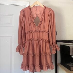 NWT CISTAR NEW YORK‎ peach pink ruffle tiered puff long sleeve cutout mini dress